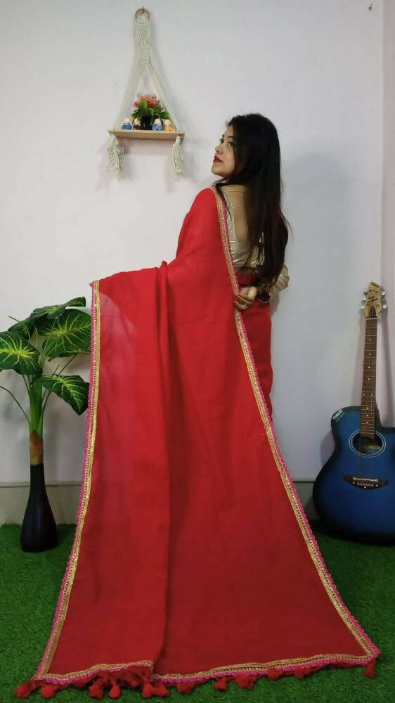 Exclusive Collection Beautiful Khadi Cotton Handloom Saree With Beautiful Zari Border - Red - Swadesiicart