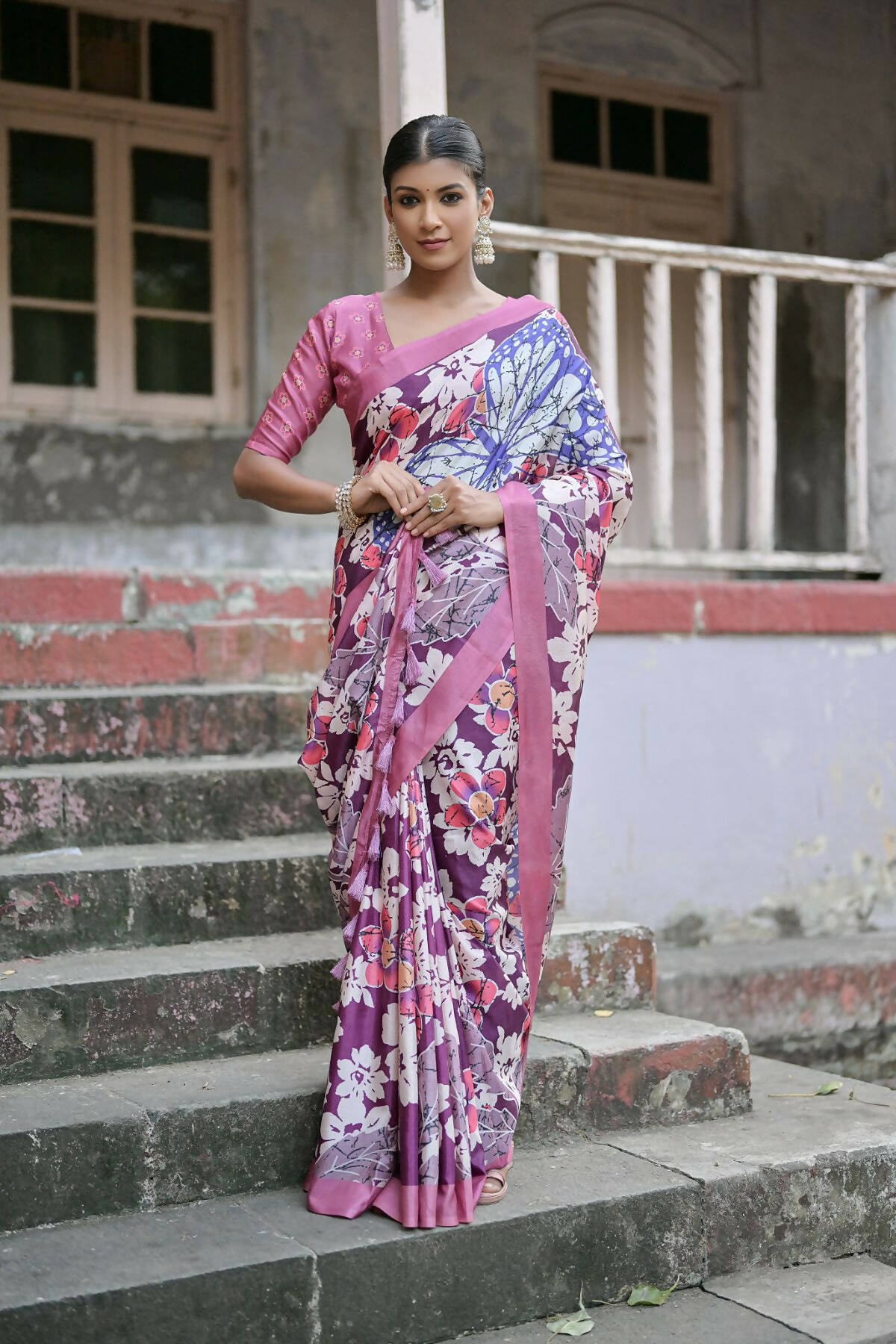 Vishnu Weaves Women's Wine Cotton Silk Printed Saree with Blouse - Swadesiicart