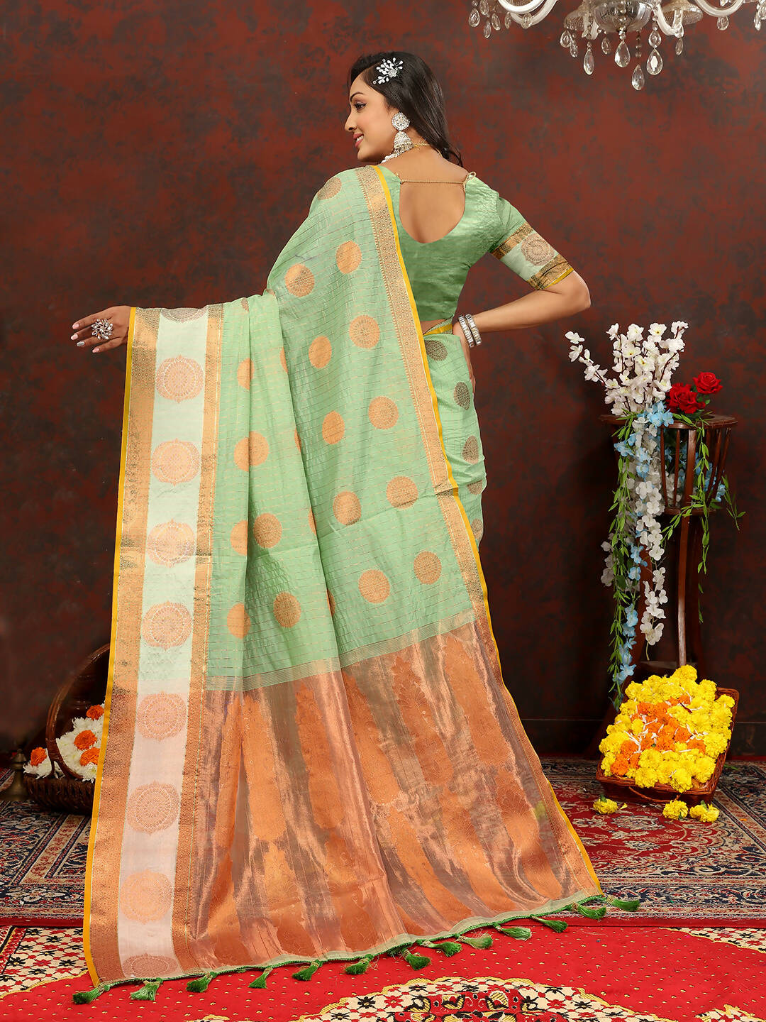 Lorenvalley Fashion Seagreen Cotton with Woven Design Zari Weaving Saree - Swadesiicart