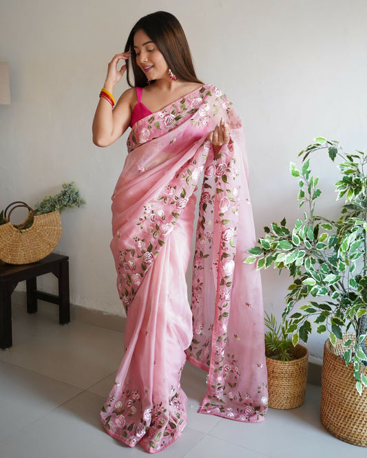 Vamsee Damini Peach Gold Tebi Silk Saree - Swadesiicart