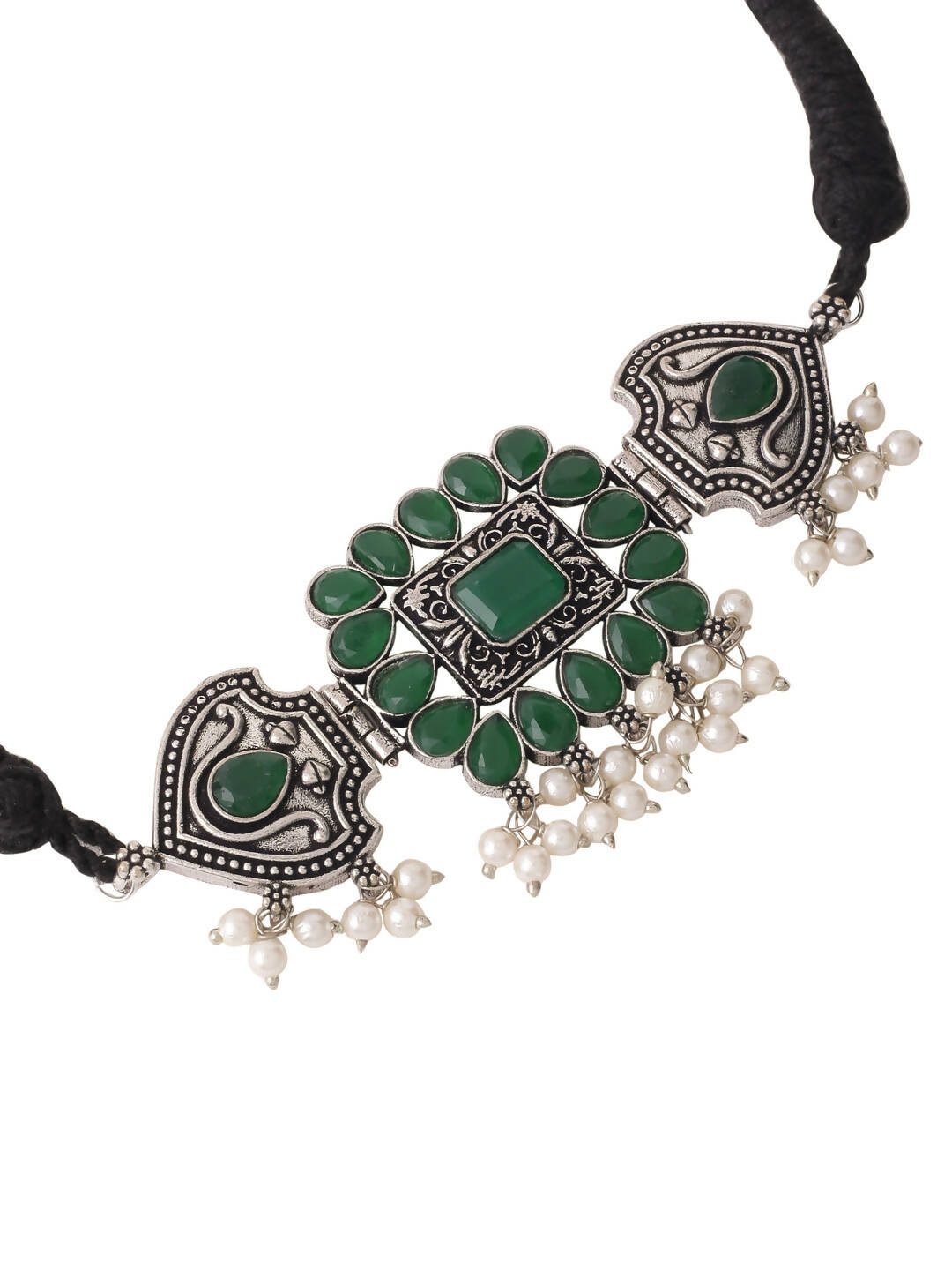 NVR Women's Oxidised Silver Plated Green Color Stone Jewellery Set With Earrings | Swadesiicart