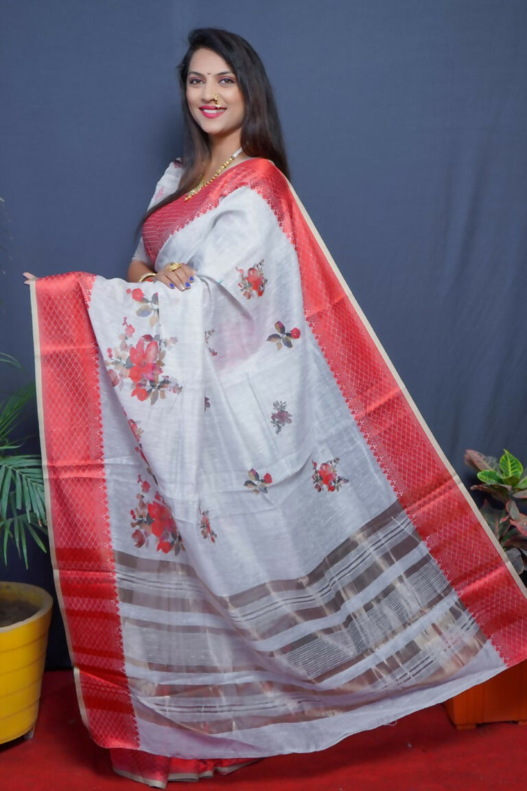 Jyoti Fashion Women's Maroon Linen Silk Digital Print with Jacquard Woven Border Saree with Blouse | Swadesiicart