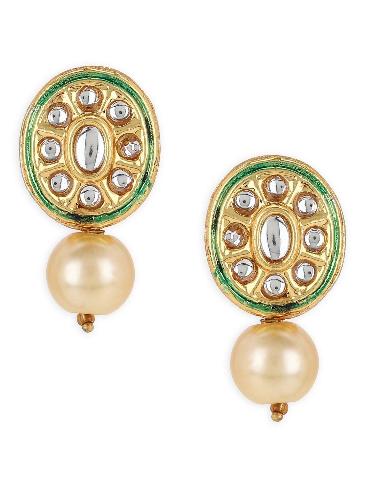 Gold-Toned White Kundan Oval-Shape Gold-Polished Studs Earrings - Ruby Raang | Swadesiicart