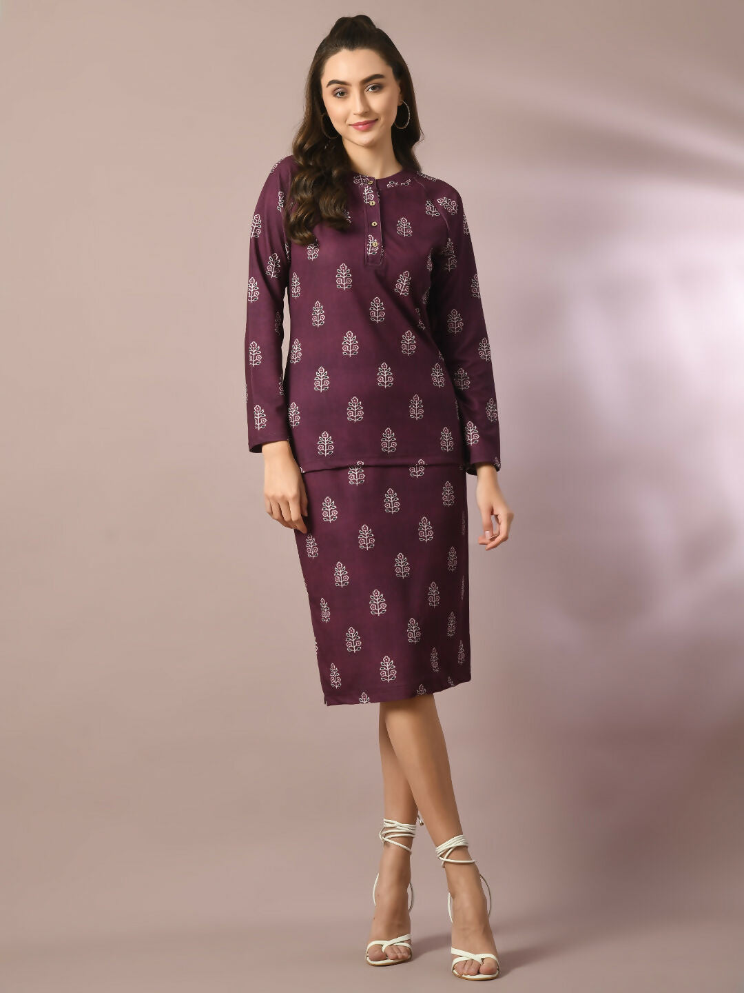 Myshka Women's Magenta Printed Round Neck Party Top With Skirt Co-ord set - Swadesiicart