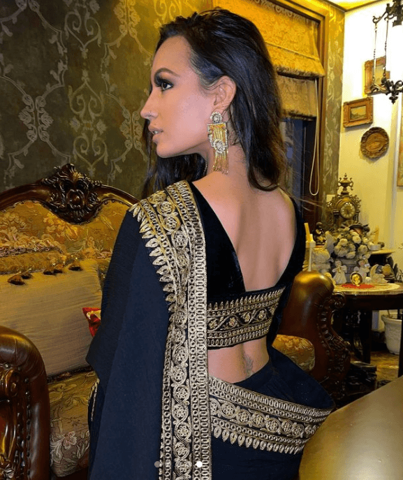 trueBrowns Black Velvet Embroidered Lace Blouse | Swadesiicart