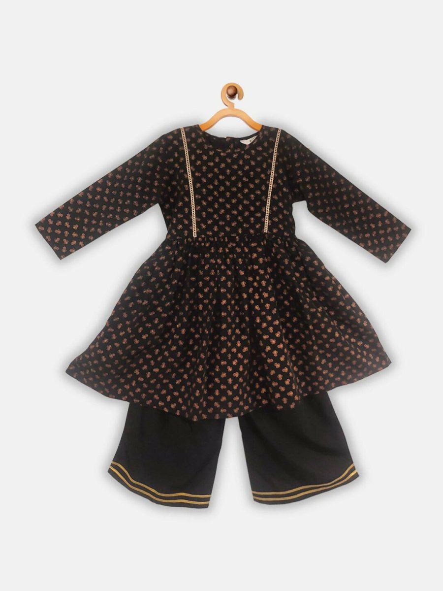 Ahalyaa Black Color Crepe Printed kids Kurta Palazzo Set For Girls | Swadesiicart