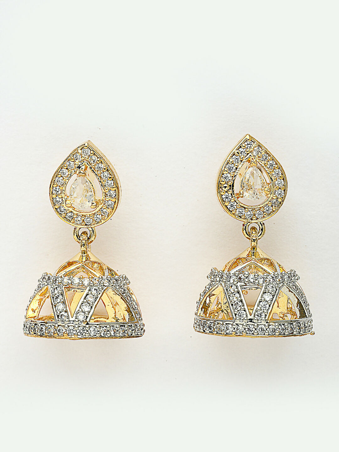 NVR Wome's Gold-Polished AD- Studded Jhumki Earrings | Swadesiicart