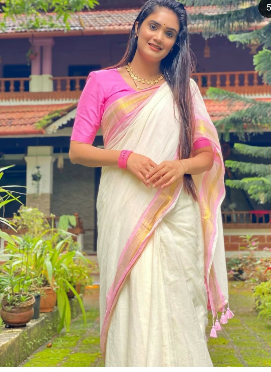 Exclusive Collection Beautiful White Pink Pure Cotton Hand Weaving Handloom Saree With Running Blouse Piece - Swadesiicart