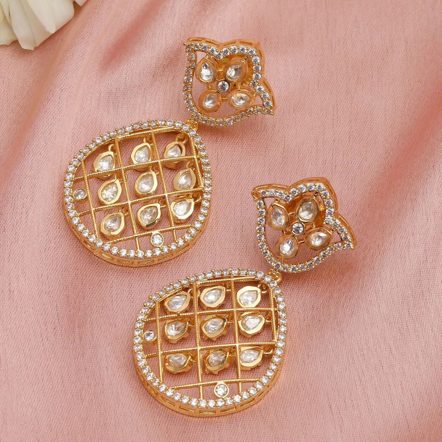 Jhallar Kundan and Diamond Dangler Earrings (Gold) - Ruby Raang - Swadesiicart