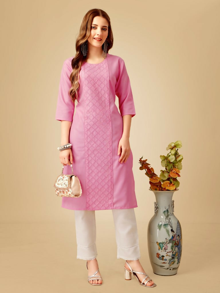 Jyoti Fashion Women's Pink Cotton Blend Embroidered Kurta Pant Set | Swadesiicart