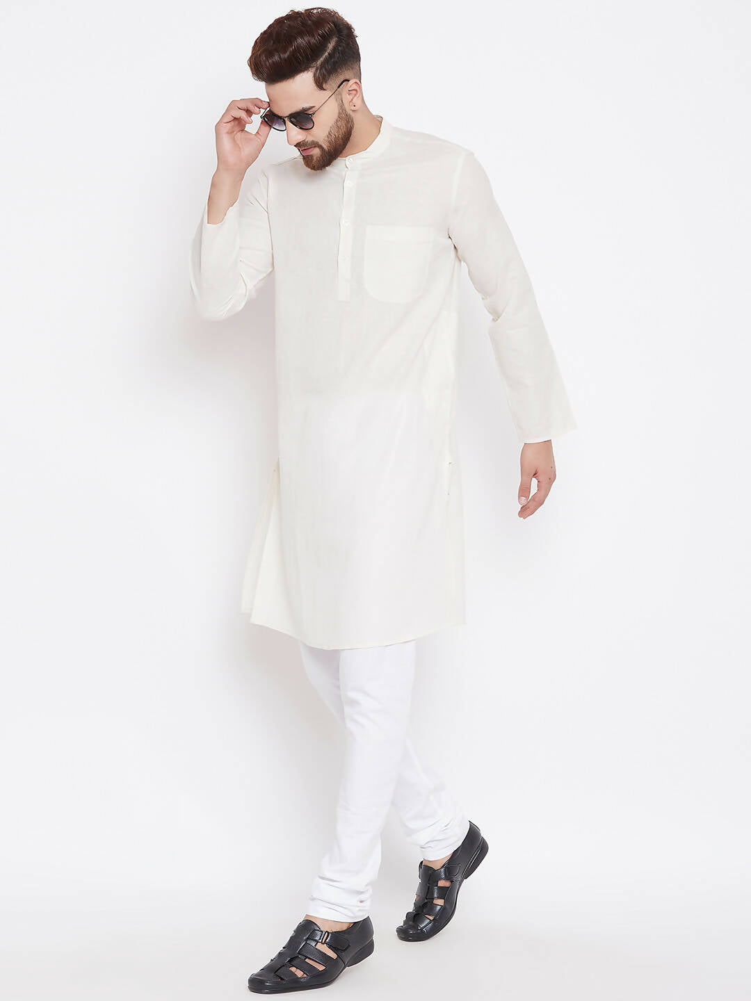 Even Apparels Cream Linen Men's Kurta With Band Collar | Swadesiicart