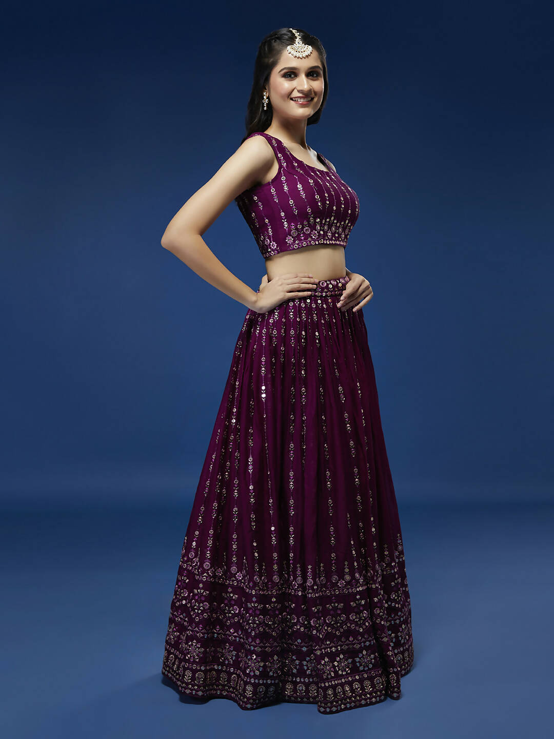 House of Panchhi Women Burgundy Pure Georgette Sequinse Embroidered Lehenga & Blouse, Dupatta | Swadesiicart