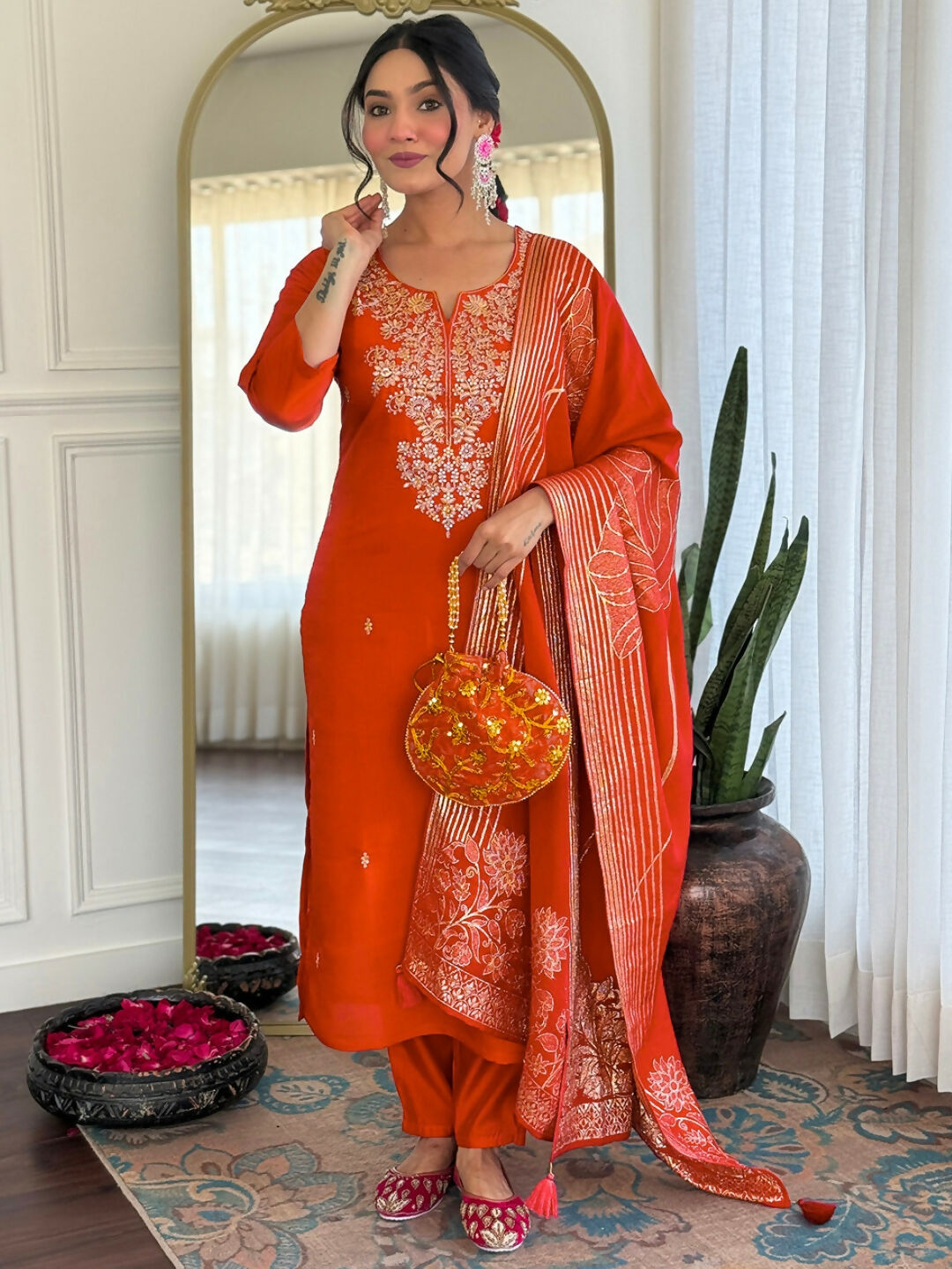 The52 Rust Women's Gorgeous Roman Silk Fabric Straight Kurta, Pant and Dupatta Set - Swadesiicart