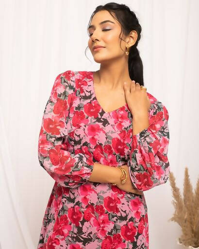 FIORRA Women's Red & Pink Georgette Floral Printed Western Dress - Swadesiicart