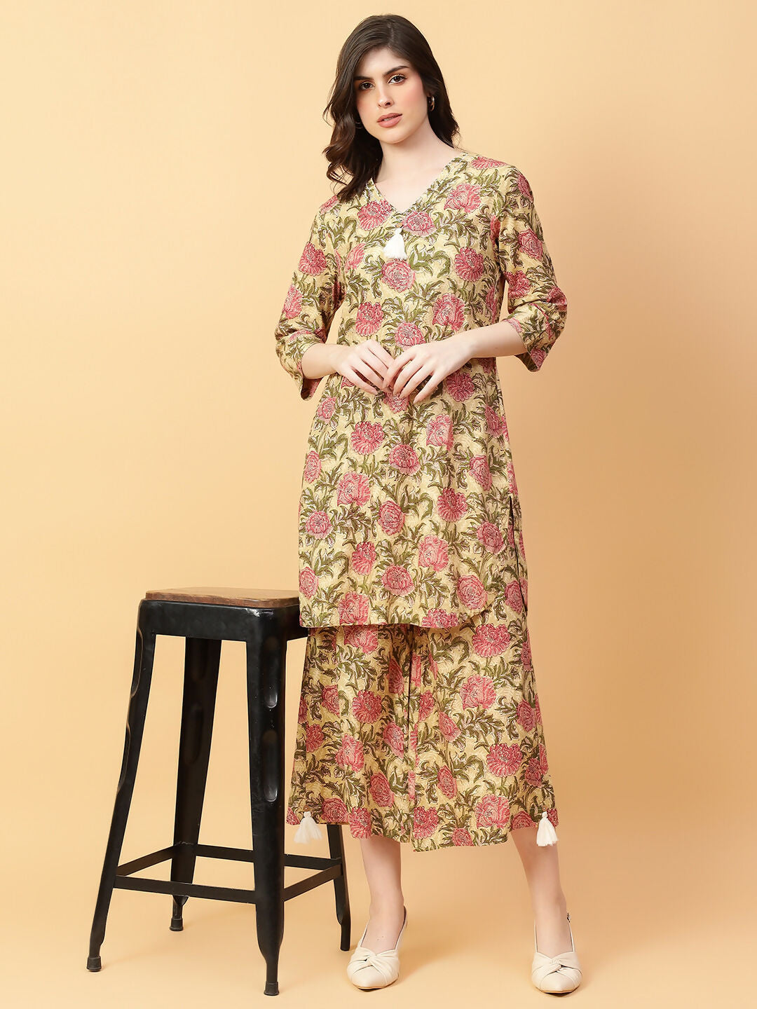 Joban Fashion Beige Cotton Printed & Hand Work Co-ord Set - Swadesiicart