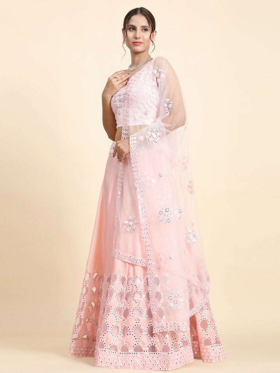 Jyoti Fashion Dreamy Baby Pink Silk Thread with Paper Mirror & Cut work Lehenga Choli with Dupatta | Swadesiicart