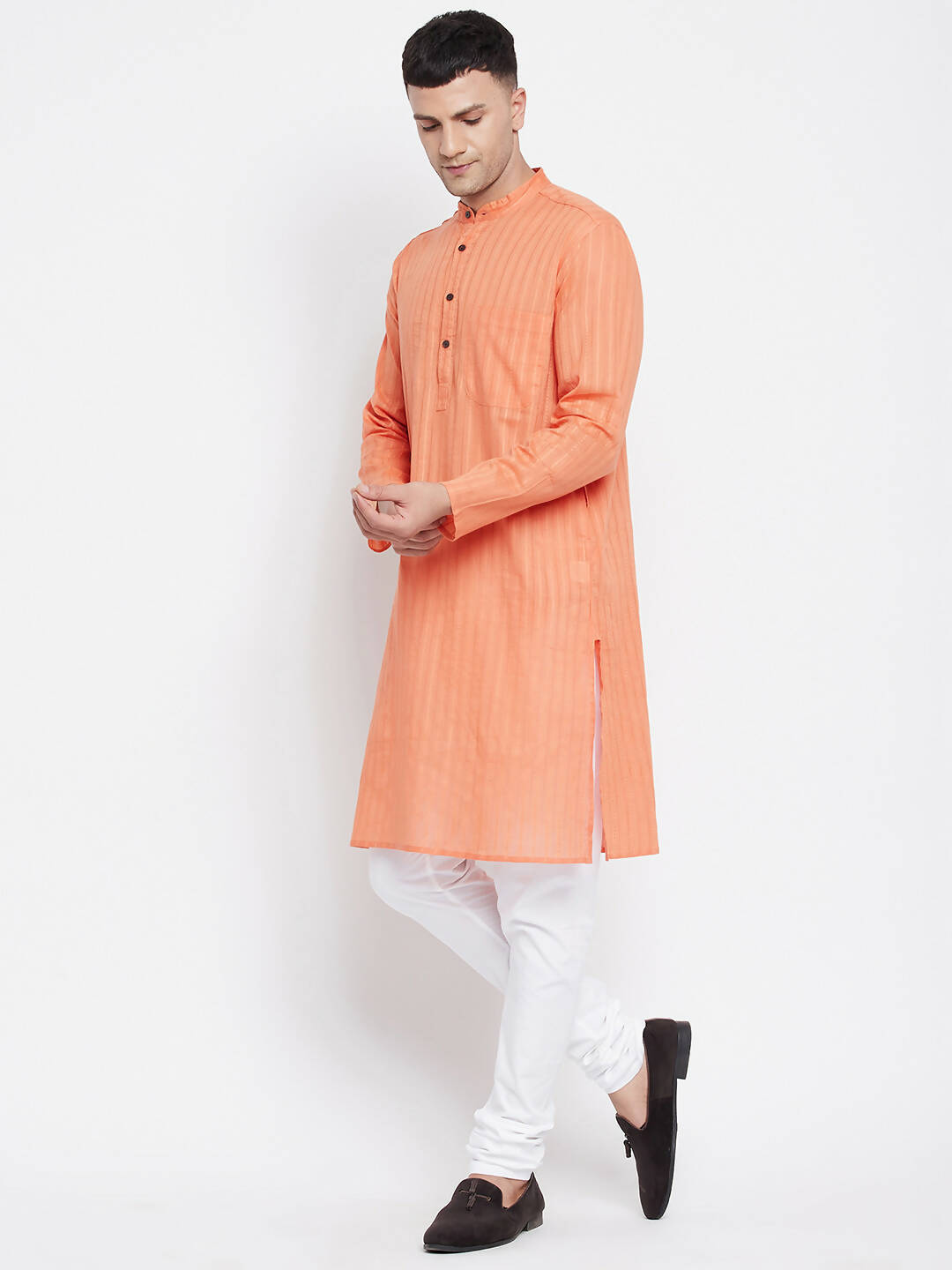 Even Apparels Orange Color Pure Cotton Men's Kurta With Band Collar | Swadesiicart