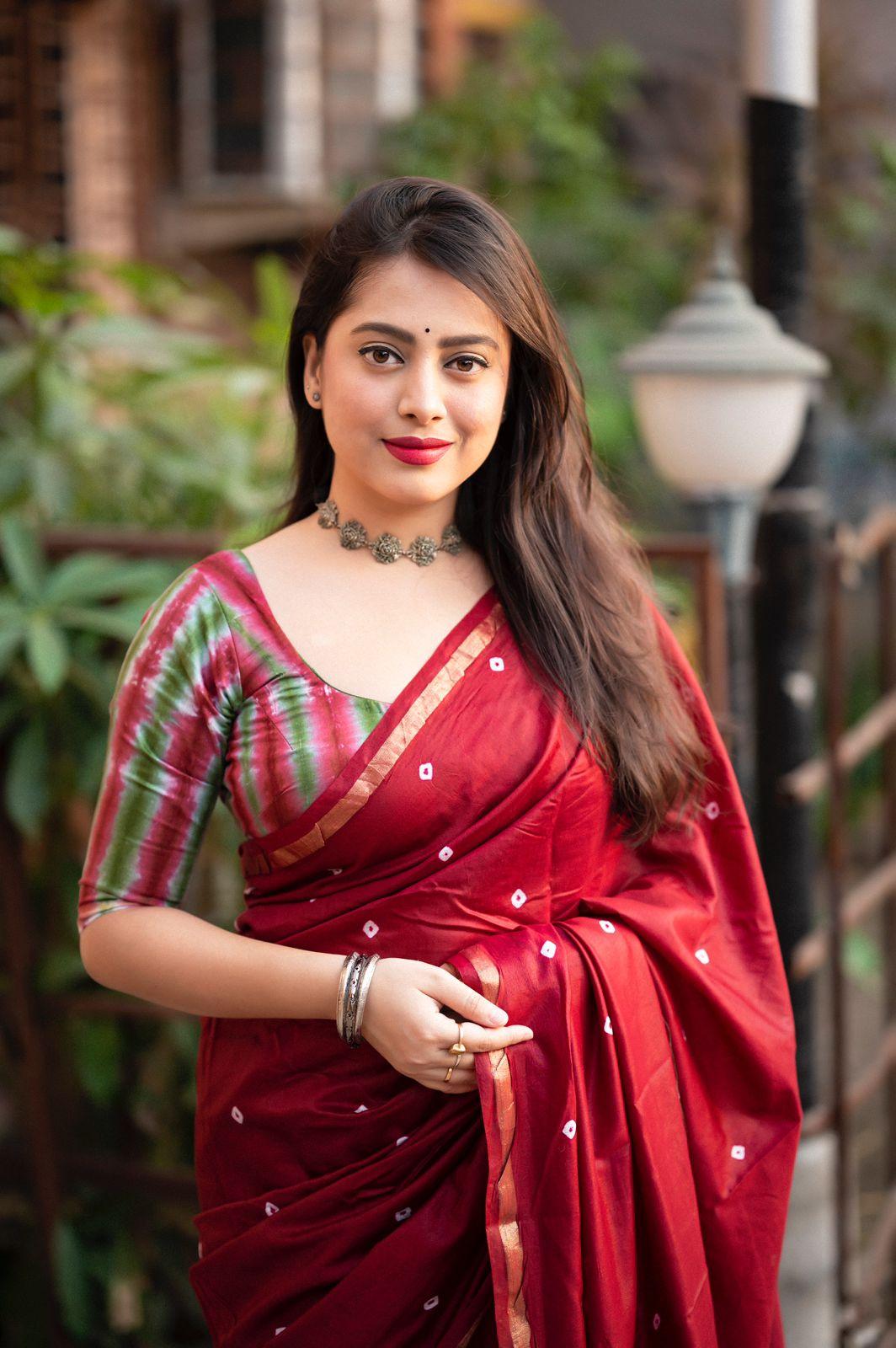 Maroon Chanderi Cotton Block Print Saree with Unstitched Blouse - Hiral Fashion | Swadesiicart