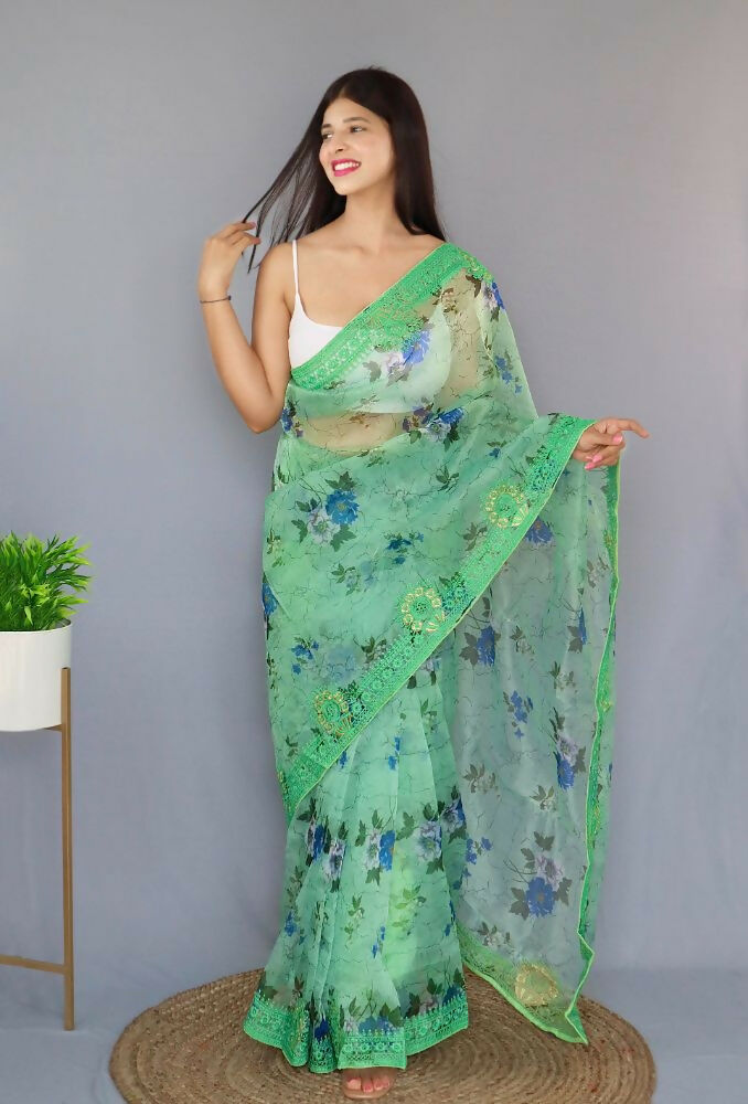 Vamsee Man Mohini Pista Green Organza Saree - Swadesiicart