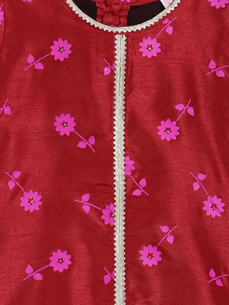 Ahalyaa Red Poly Silk Straight Printed Kids Kurta Palazzo Set For Girls | Swadesiicart
