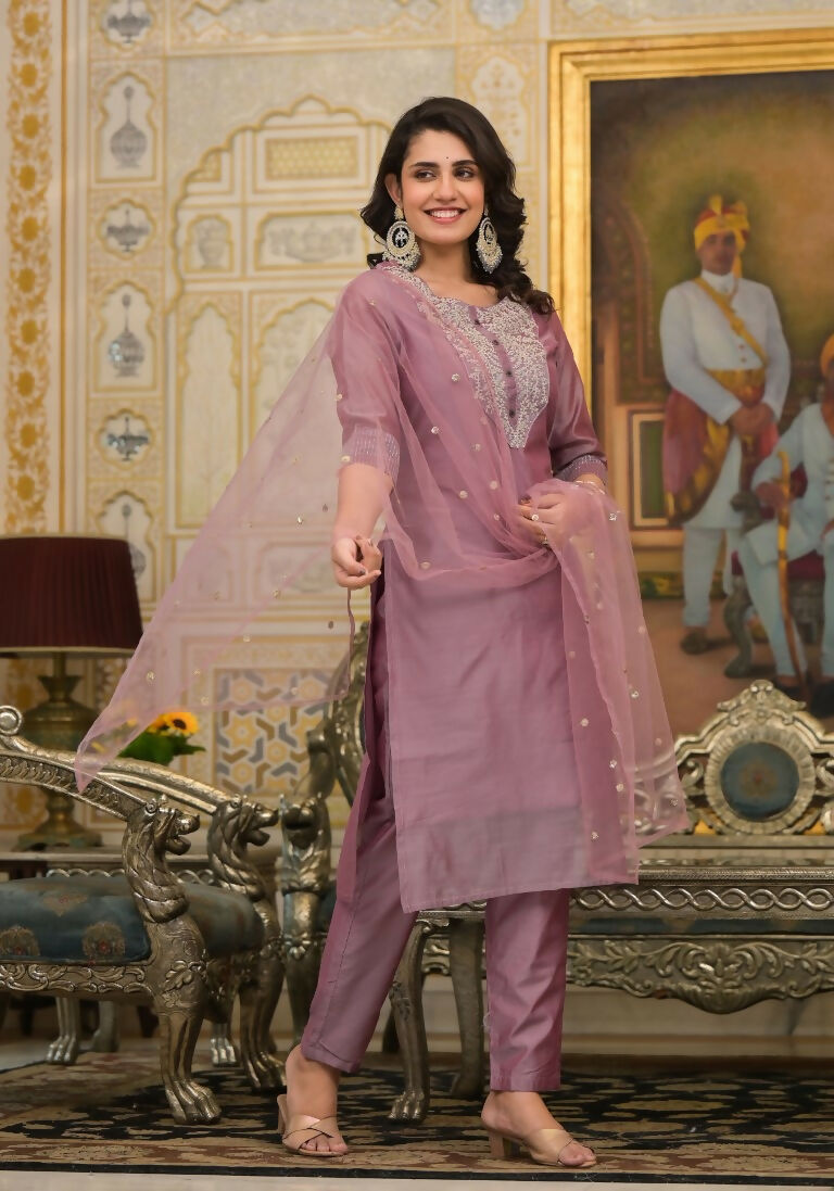 Partywear Designer Rose gold Cotton Silk Stitched Suit With Dupatta - Tanisha | Swadesiicart