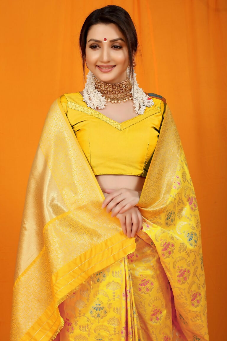 Jyoti Fashion Women's Yellow Kanjivaram Silk Zari Woven Saree with Blouse | Swadesiicart