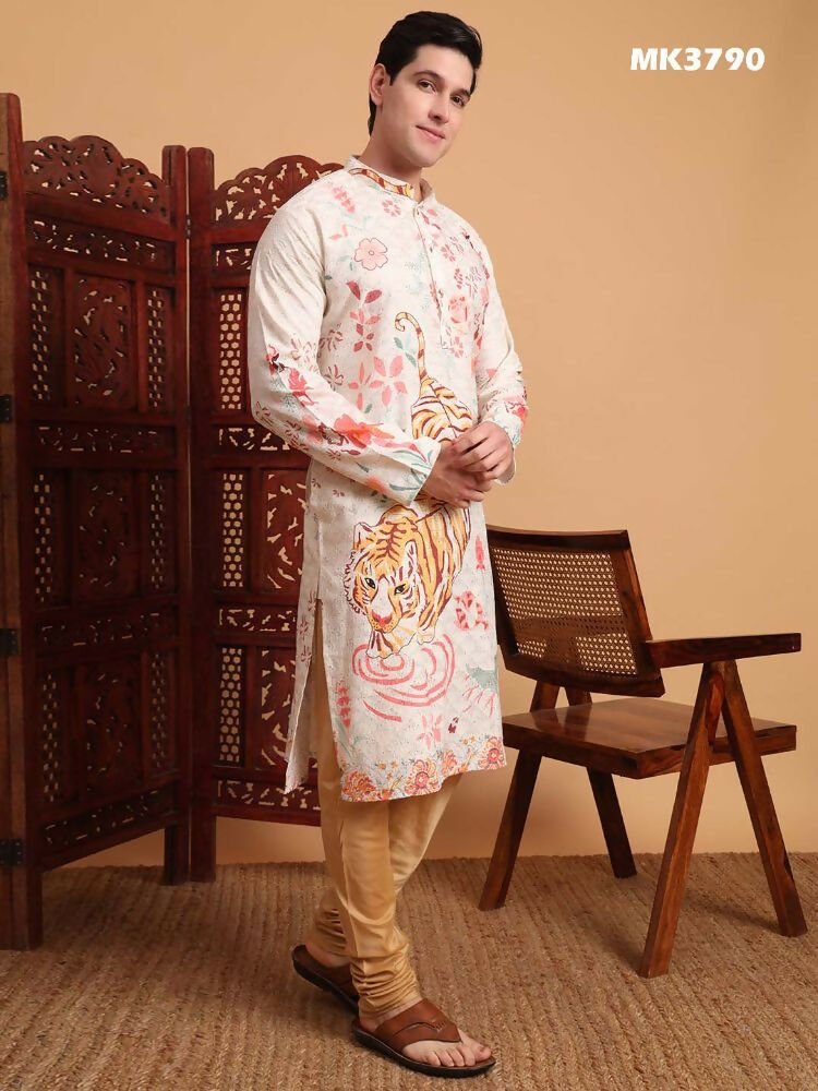Off White Cotton Printed Chikankari Embroidery Work Kurta - Mahotsav | Swadesiicart