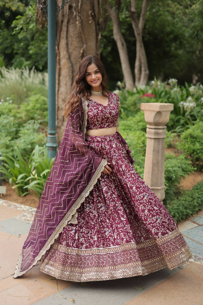 Lorenvalley Wine Pure Viscose Jacquard with Golden Embroidered Sequins work Lehenga Choli | Swadesiicart