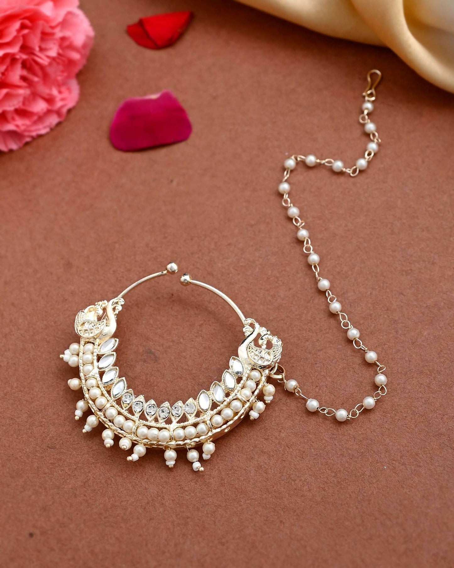 VOJ Gold-Polished With Pearl Indian Nose Pin | Swadesiicart