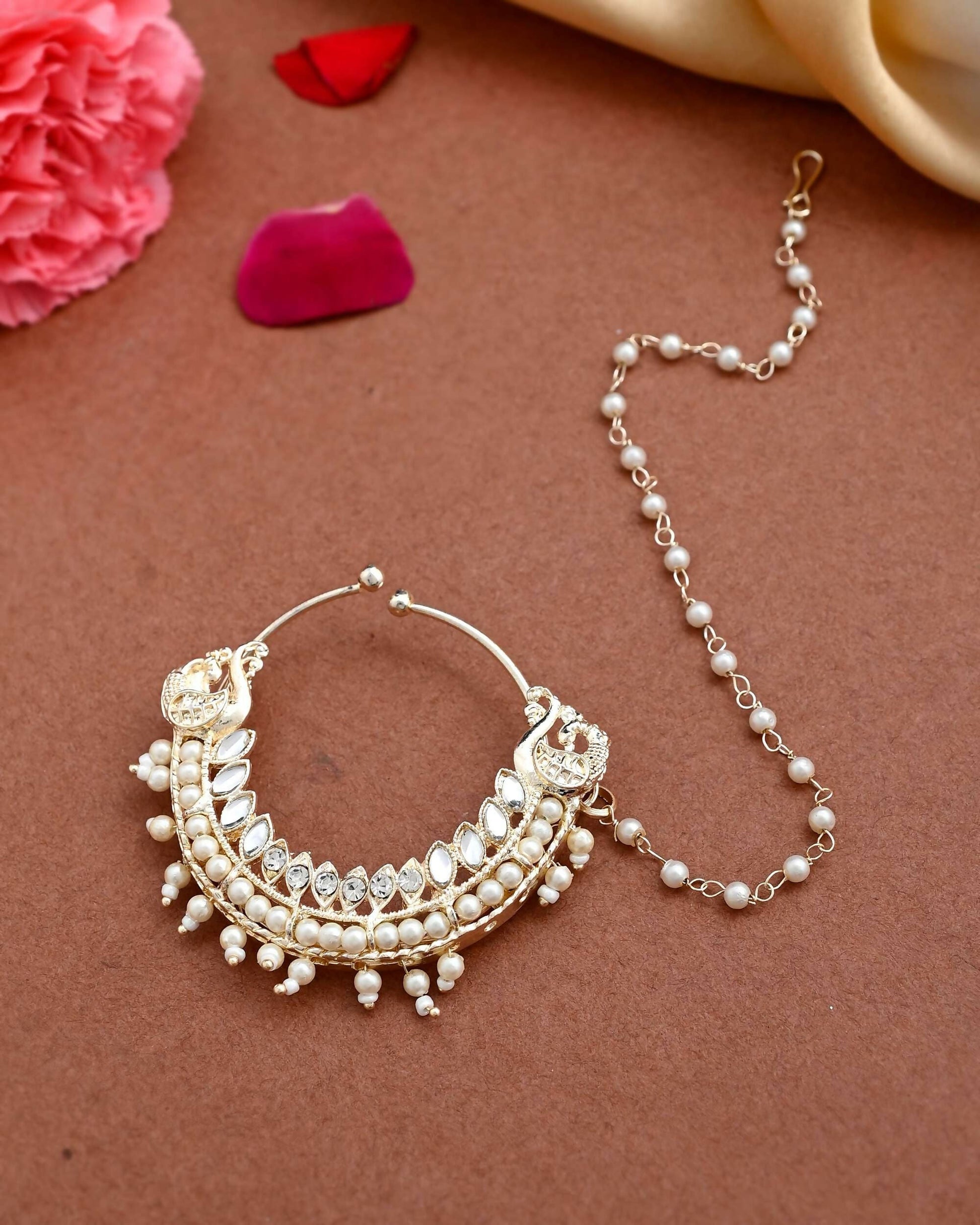VOJ Gold-Polished With Pearl Indian Nose Pin | Swadesiicart