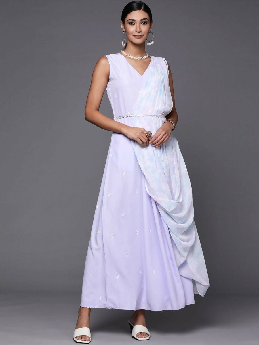 Ahalyaa Blue & White Floral Print Ethnic Maxi Dress with Attached Dupatta | Swadesiicart