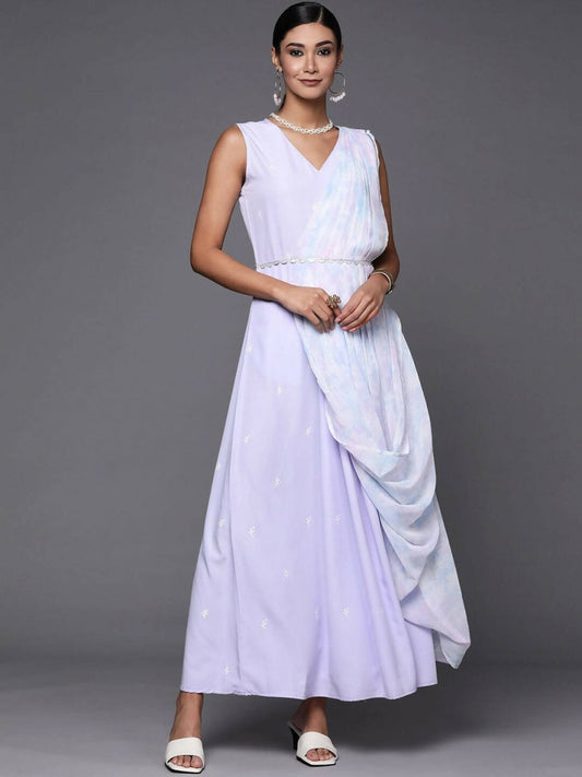 Ahalyaa Blue & White Floral Print Ethnic Maxi Dress with Attached Dupatta | Swadesiicart