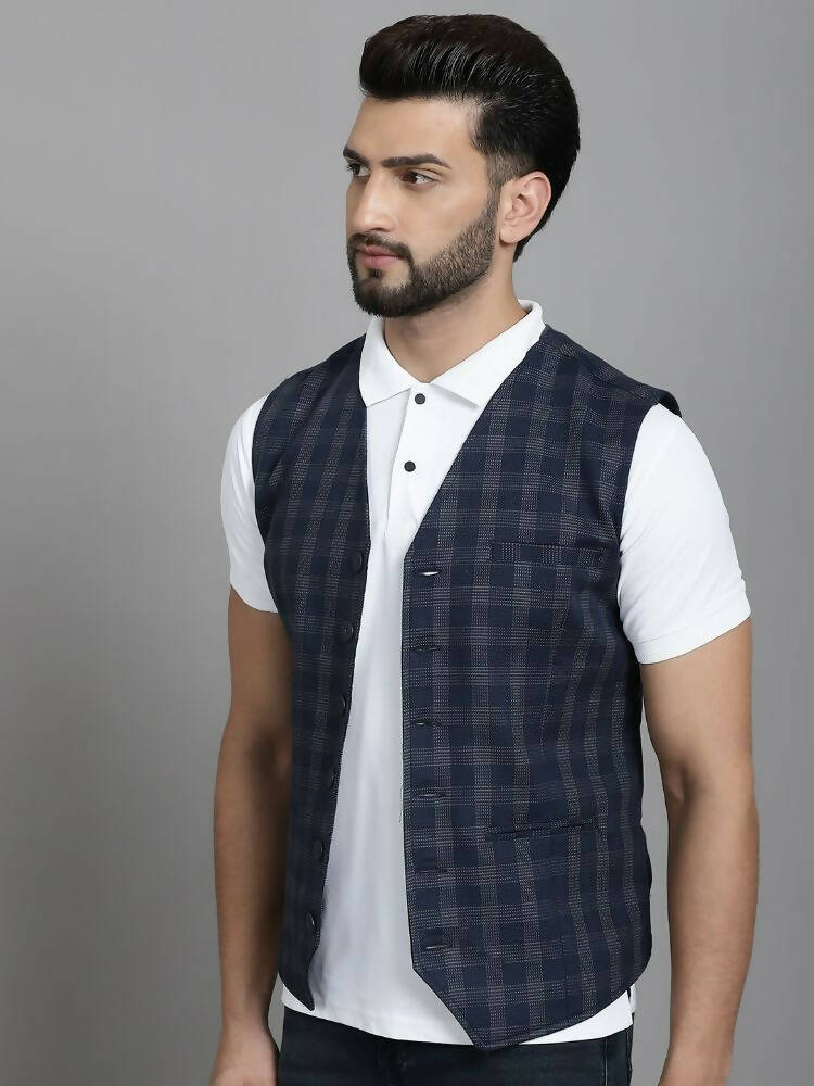 Even Apparels Checked Waistcoat With Welt Pockets - Navy Blue | Swadesiicart