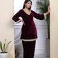 Miravan Women's Wine Embroidered Velvet Co-ord Set - Swadesiicart