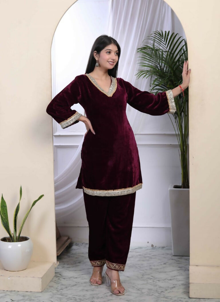 Miravan Women's Wine Embroidered Velvet Co-ord Set - Swadesiicart