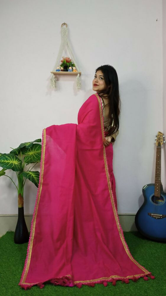 Exclusive Collection Beautiful Khadi Cotton Handloom Saree With Beautiful Zari Border - Pink - Swadesiicart