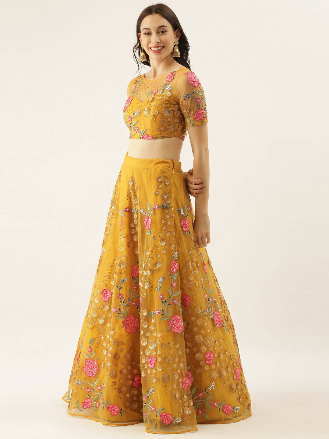 House of Panchhi Mustard Net Semi stitched Coding, Sequins & Saroski Stone Work Lehenga Choli | Swadesiicart