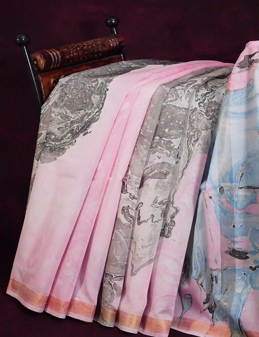 Shades Of Baby Pink And Cloud Blue Printed Chanderi Saree For Regular/Office Wear By Gayathri Reddy Designer Studio | Swadesiicart
