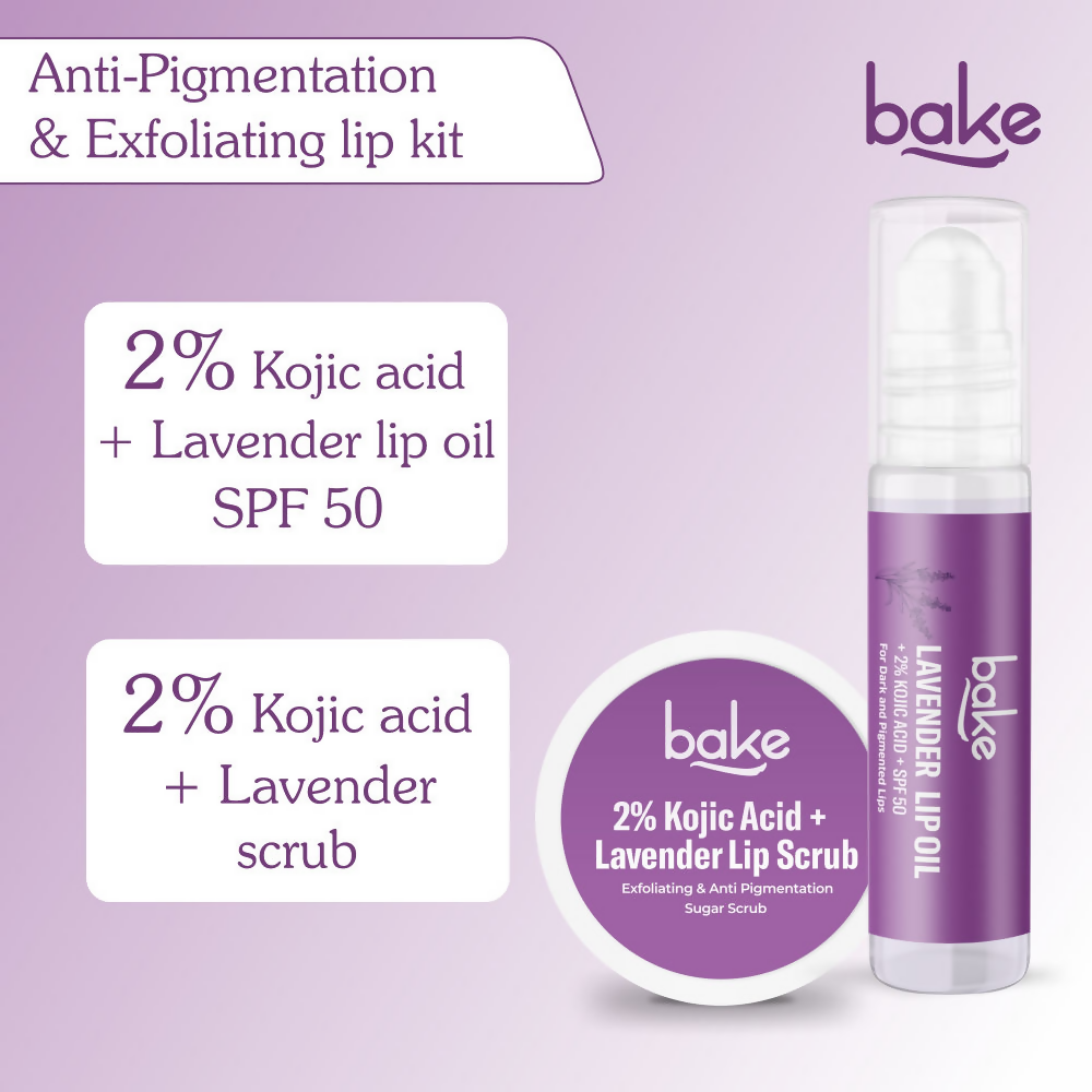 Bake Kojic Acid Lavender Lip Kit With Lip Balm SPF 50 & Lip Scrub For Dark & Pigmented Lips | Swadesiicart