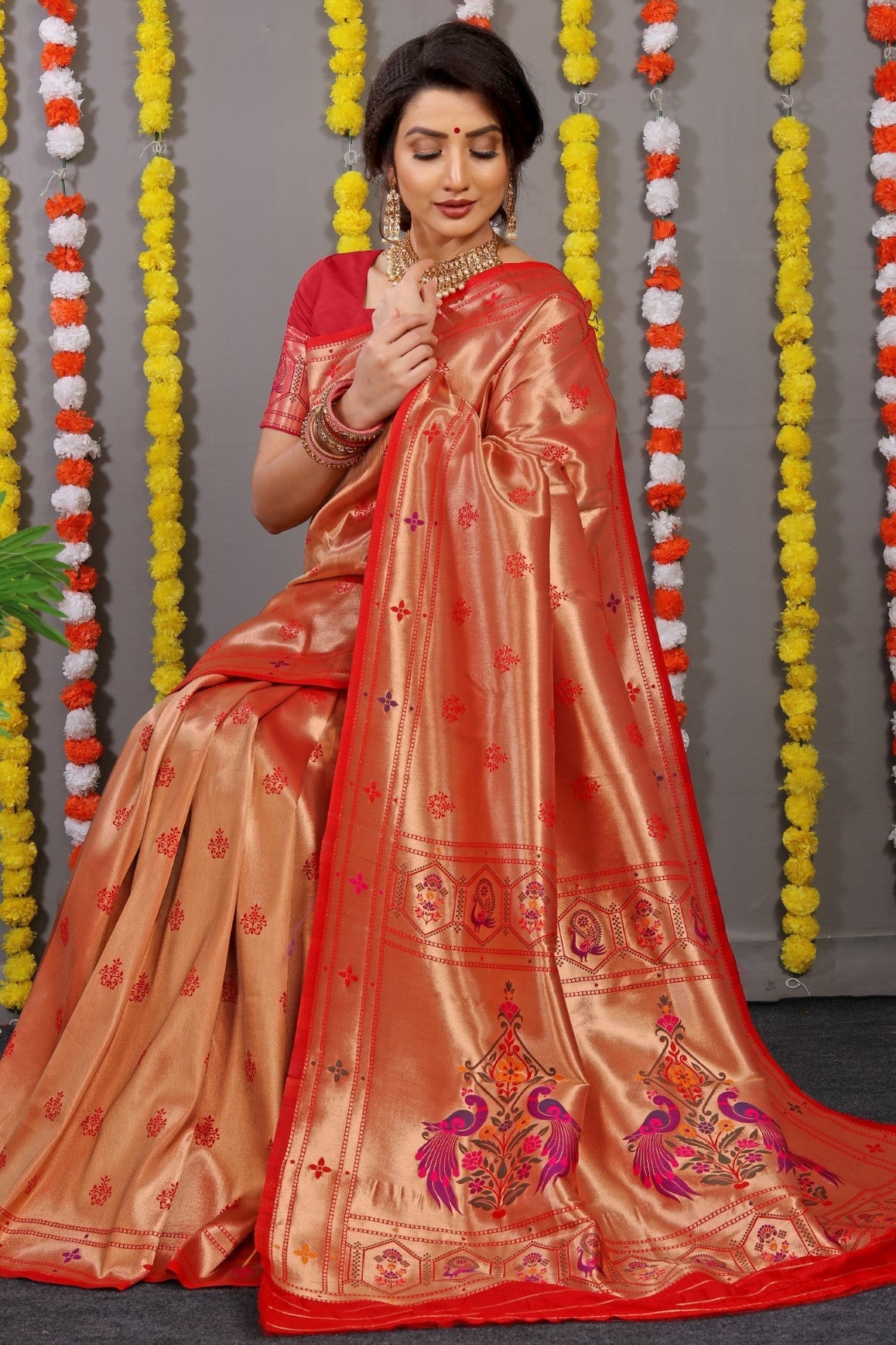 Anaita Red Woven Design Pure Silk Banarasi Saree With Blouse