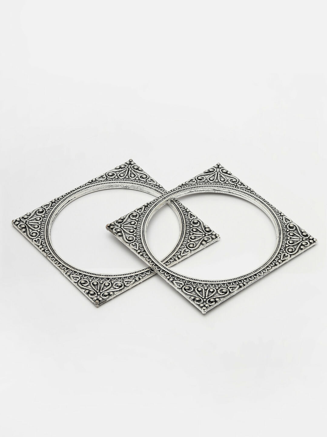 NVR Women's Set of 2 Silver-Toned Oxidized Square Shaped Bangles - Swadesiicart