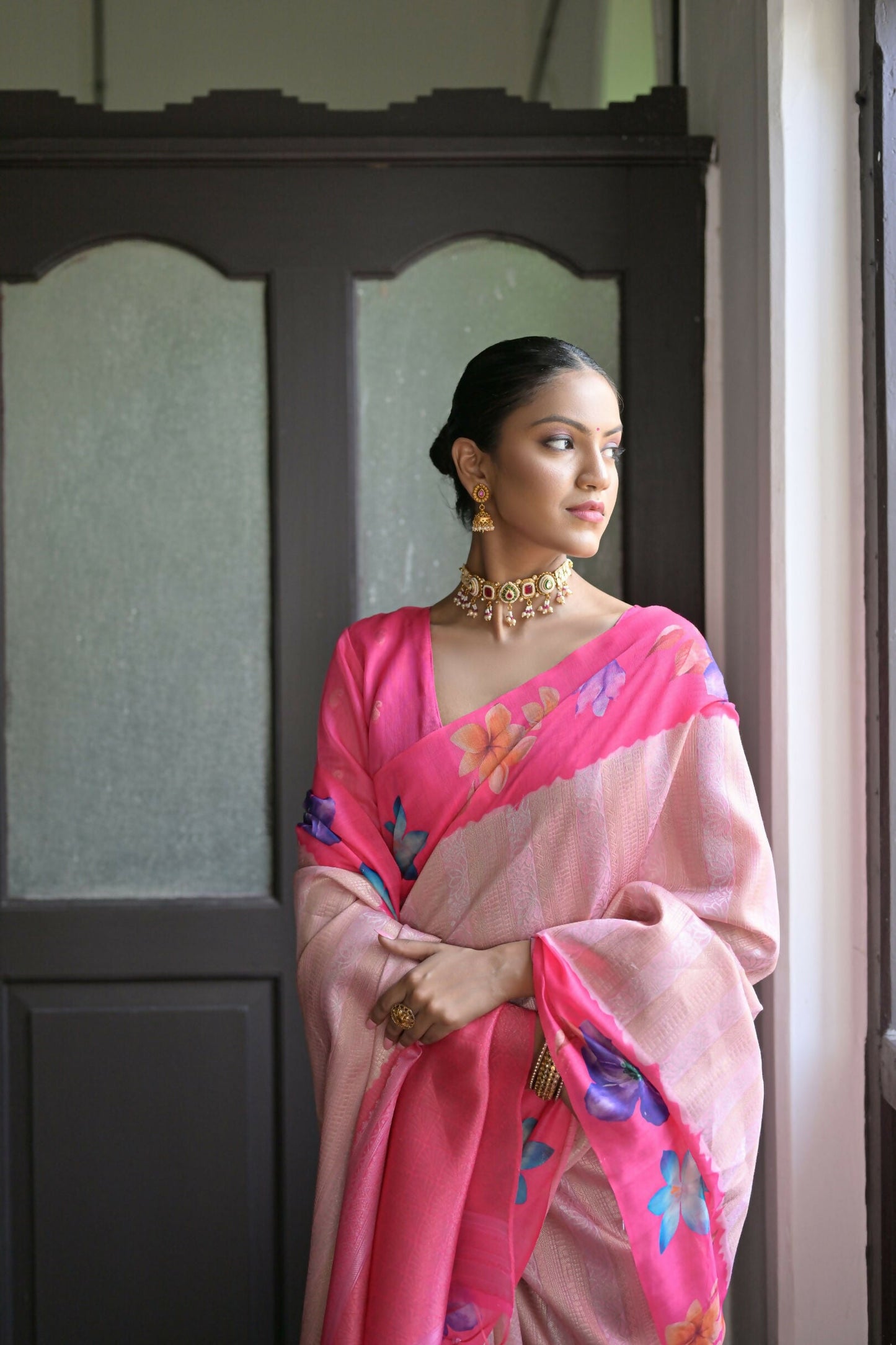 Vishnu Weaves Women's Pink banarasi Silk Saree with Blouse - Swadesiicart