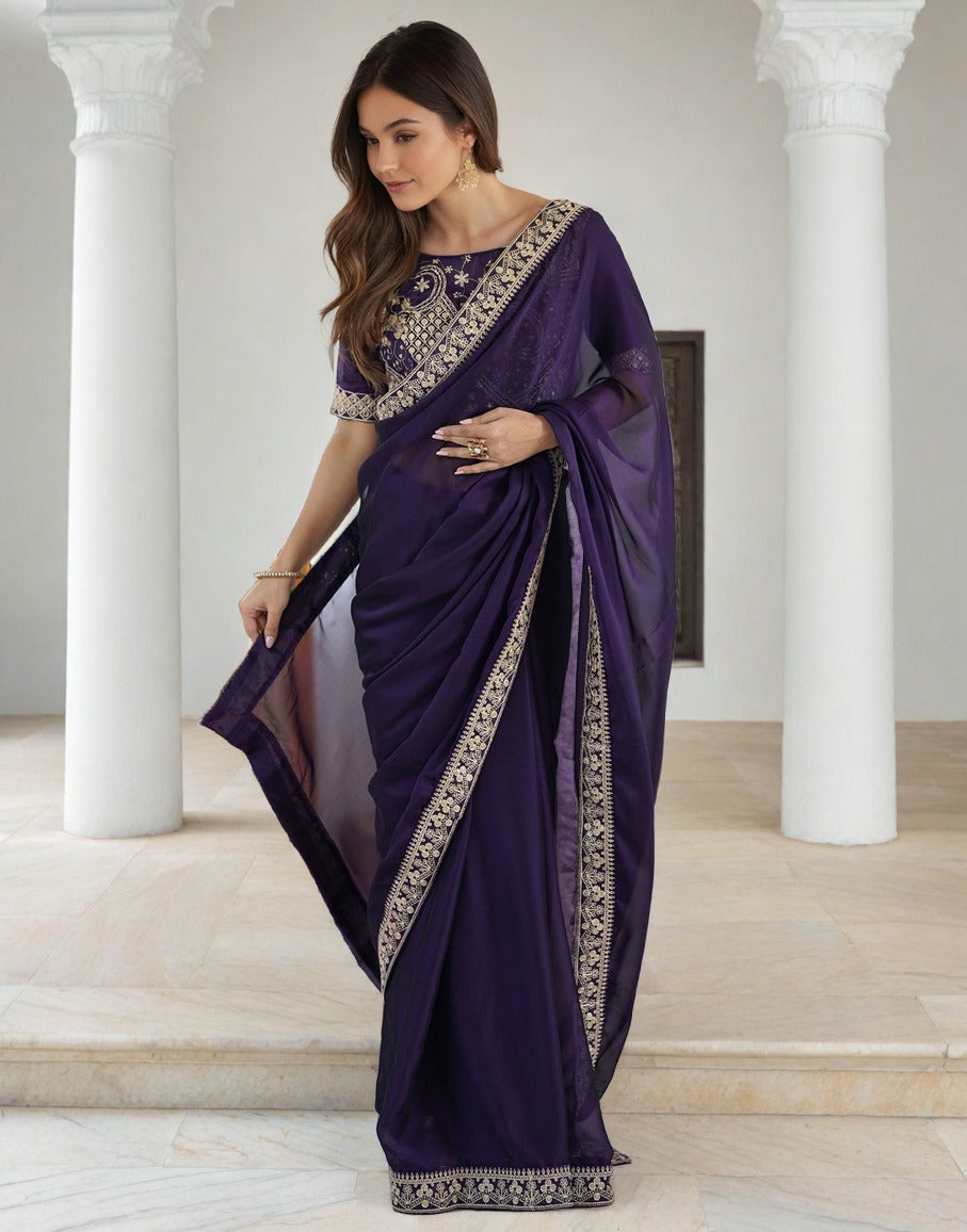 Lorenvalley Fashion Purple Rangoli Silk with Coding Sequence and Multi Lace Work Saree with Blouse - Swadesiicart