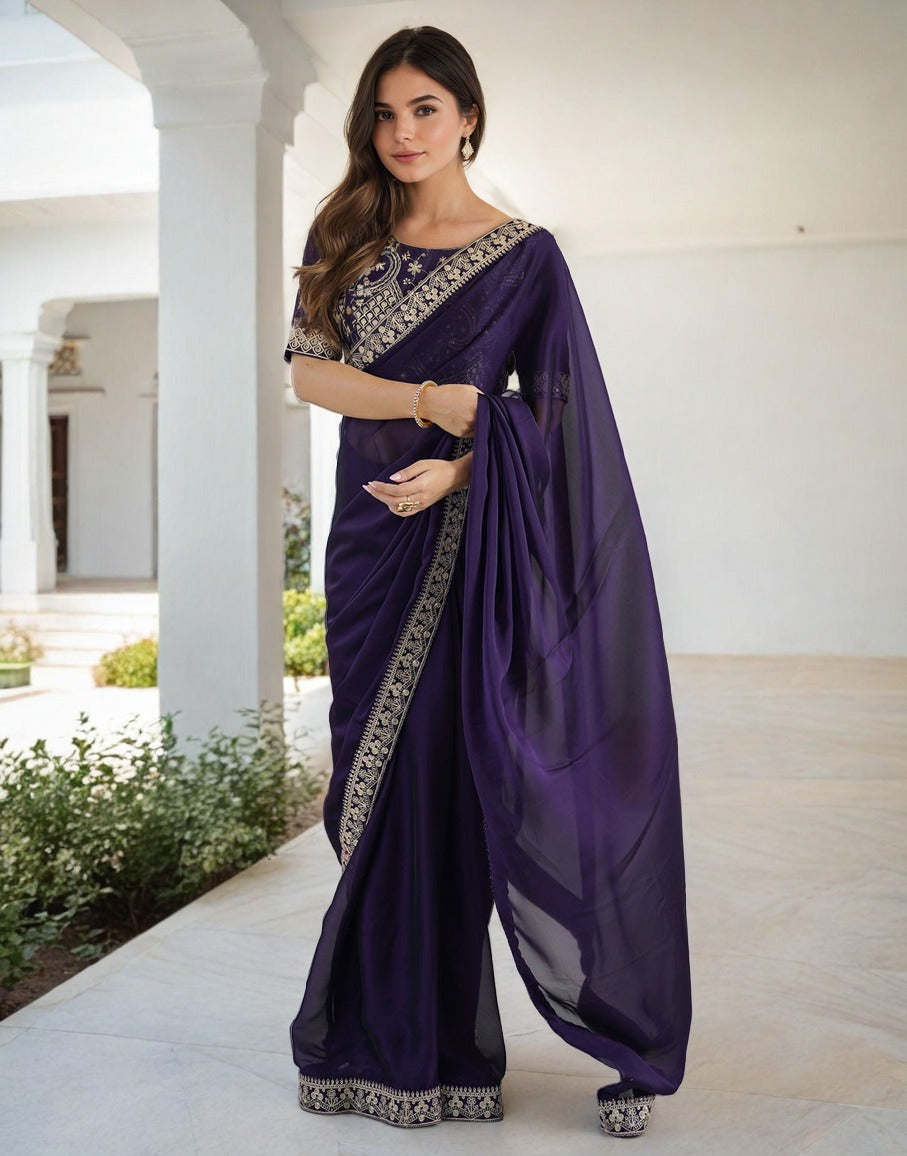 Lorenvalley Fashion Purple Rangoli Silk with Coding Sequence and Multi Lace Work Saree with Blouse - Swadesiicart