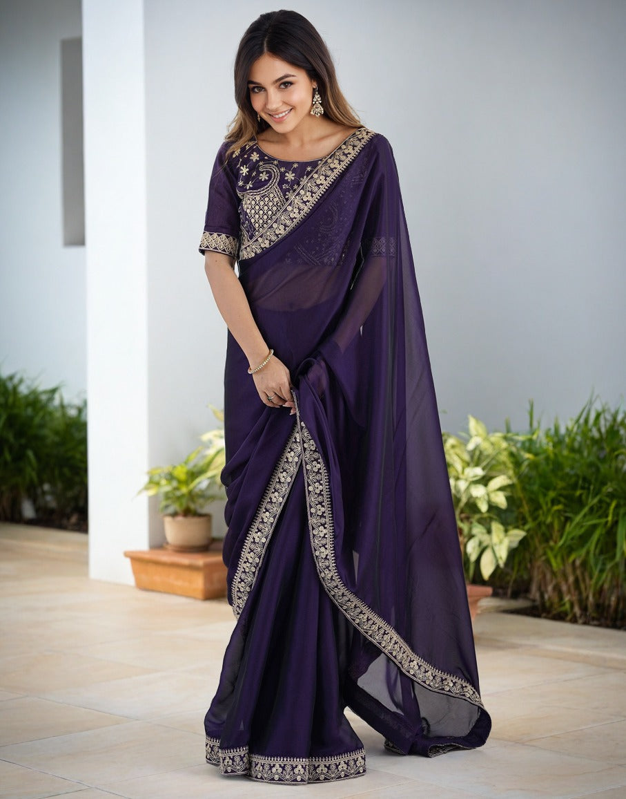 Lorenvalley Fashion Purple Rangoli Silk with Coding Sequence and Multi Lace Work Saree with Blouse - Swadesiicart
