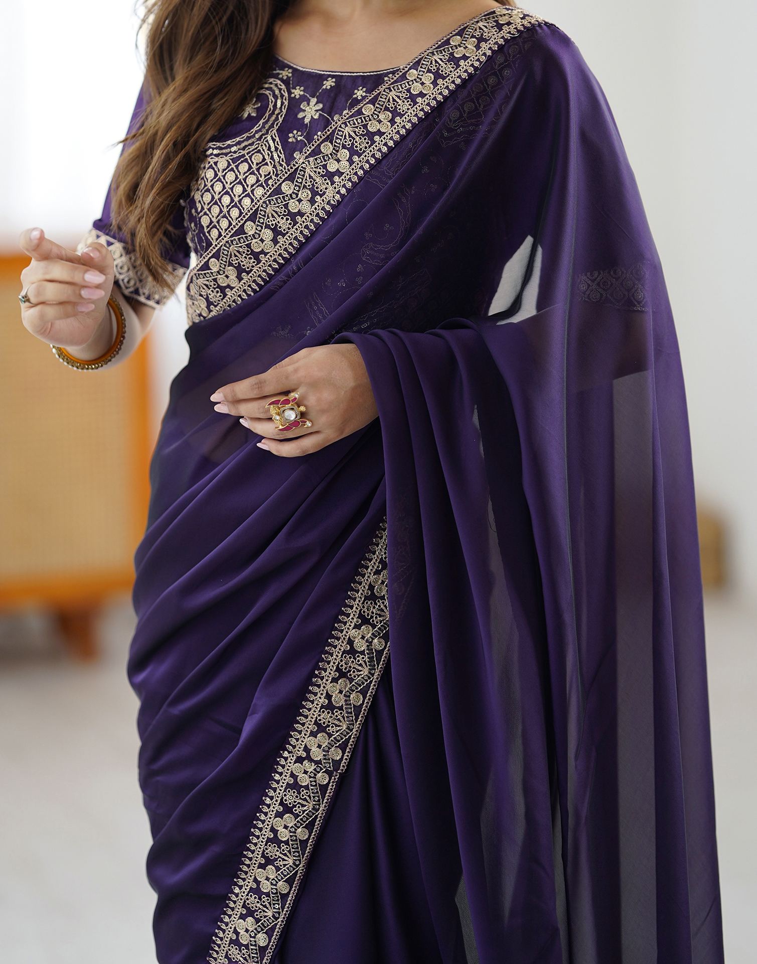 Lorenvalley Fashion Purple Rangoli Silk with Coding Sequence and Multi Lace Work Saree with Blouse - Swadesiicart