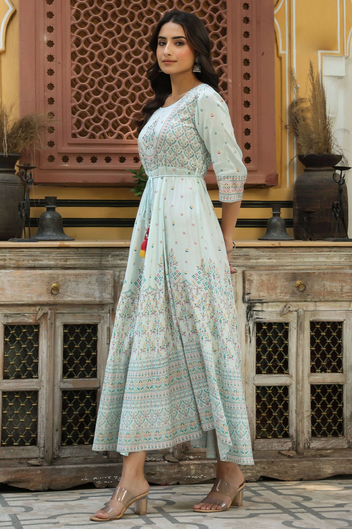 Juniper Women's Skyblue Viscose Shantoon Festive Printed Flared Dress | Swadesiicart