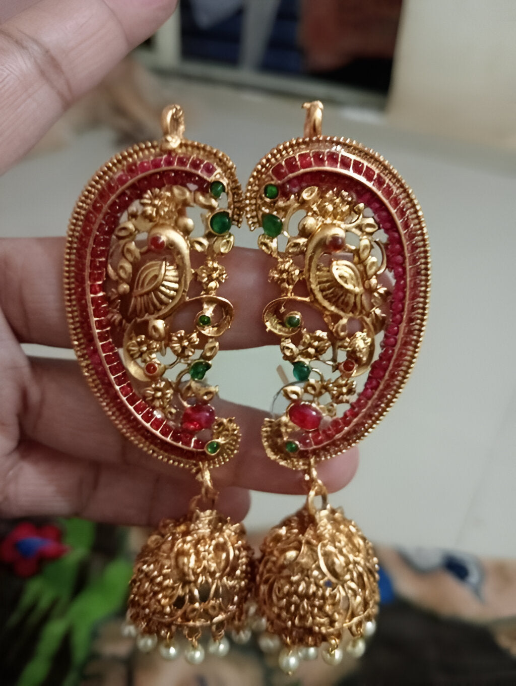 Jewel City Antique Gold Peacock Temple Jhumka Earrings Ruby & Emerald Traditional Earrings Handcrafted South Indian Bridal Jewelry | Swadesiicart