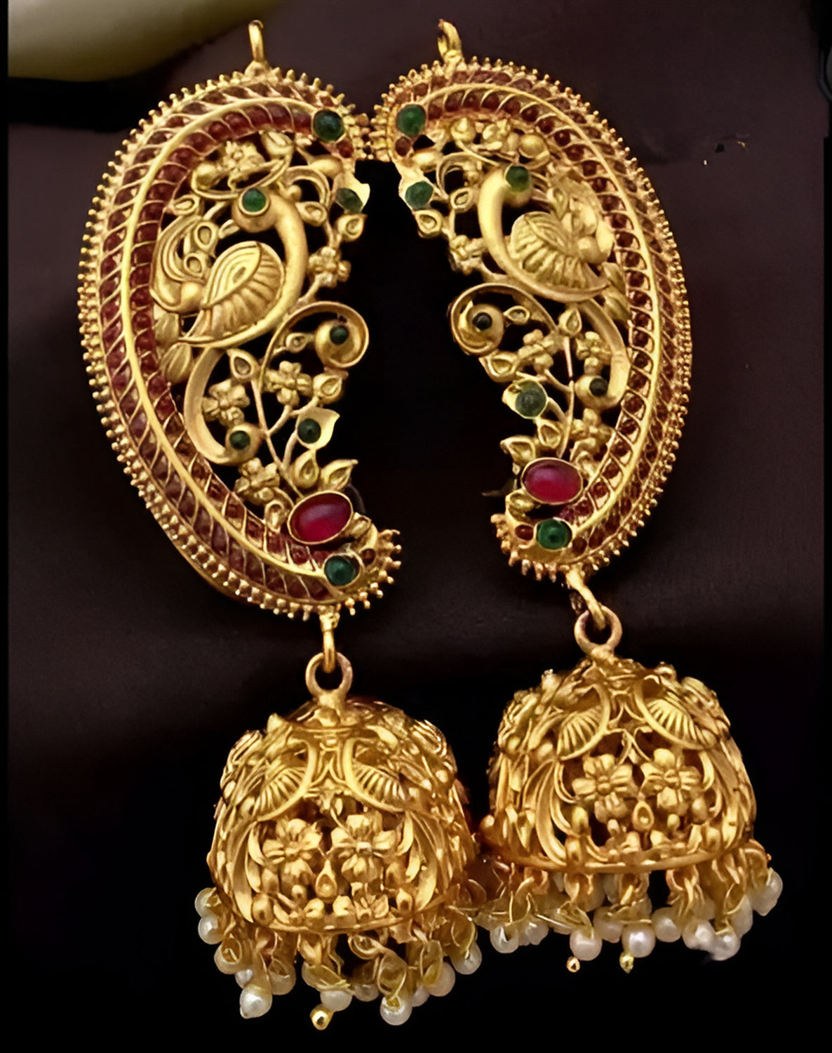 Jewel City Antique Gold Peacock Temple Jhumka Earrings Ruby & Emerald Traditional Earrings Handcrafted South Indian Bridal Jewelry | Swadesiicart