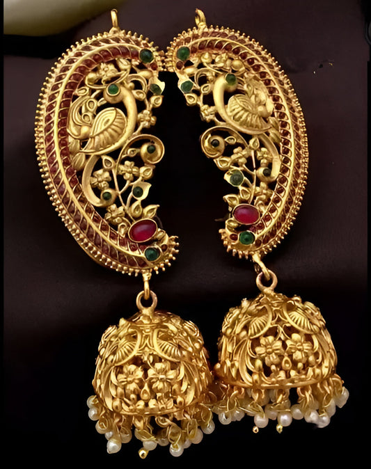 Jewel City Antique Gold Peacock Temple Jhumka Earrings Ruby & Emerald Traditional Earrings Handcrafted South Indian Bridal Jewelry | Swadesiicart